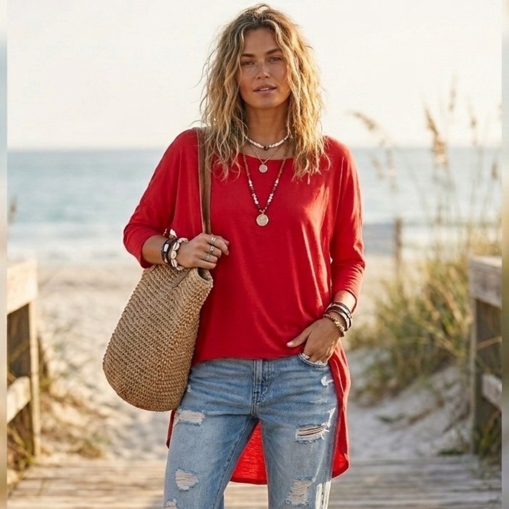 Michael Stars Top Women OS Red High Low Hem Boat Neck 3/4 Sleeve Cotton Tee Boho